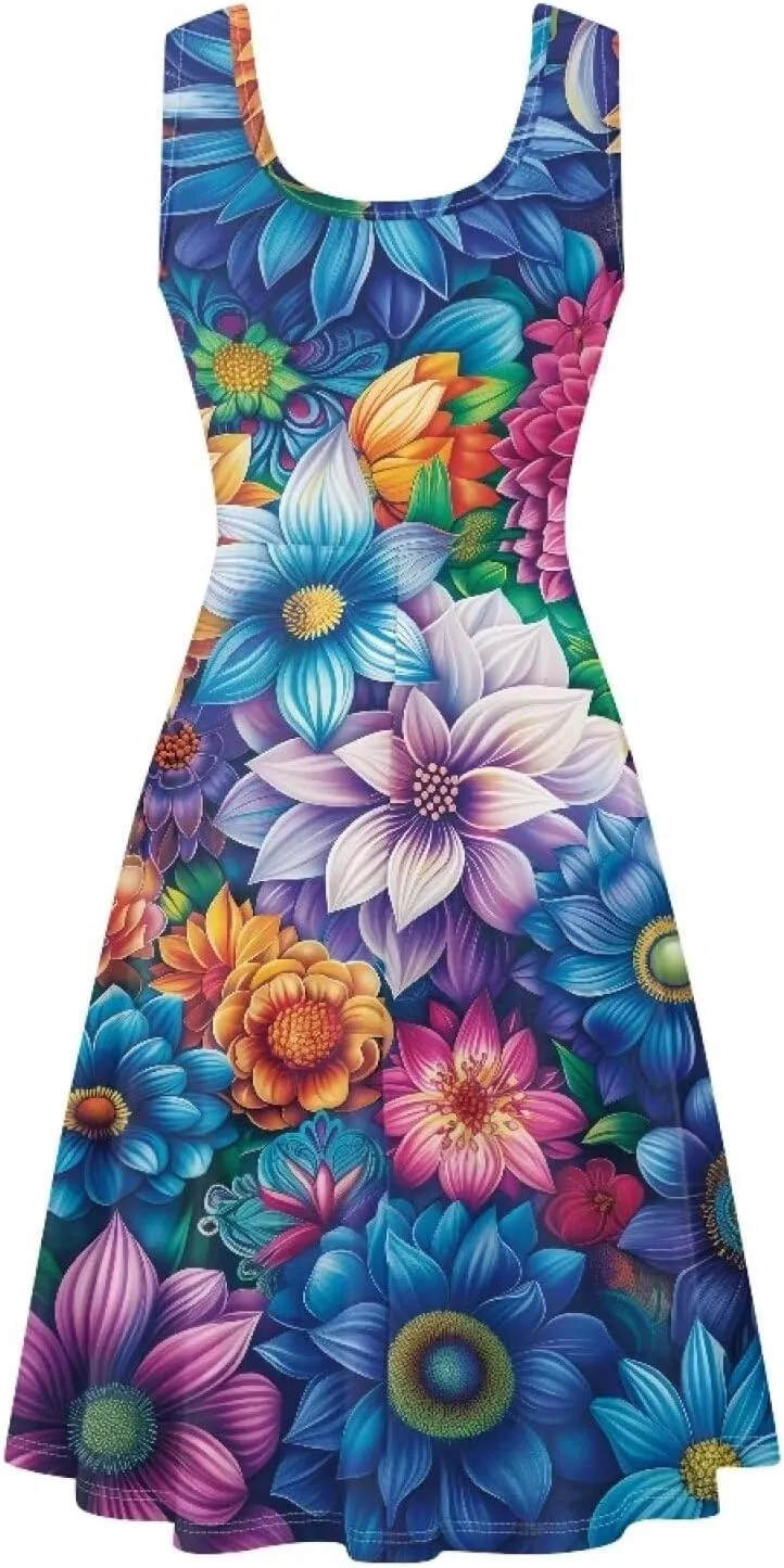 Women's Casual Dresses Sleeveless Tank Summer Sundress with Pocket Soft Midi Crewneck Swing Dress