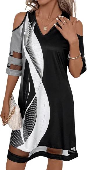 Women's Cold Shoulder Half Sleeve Mini Dress Summer V Neck Sheer Mesh Short Dress