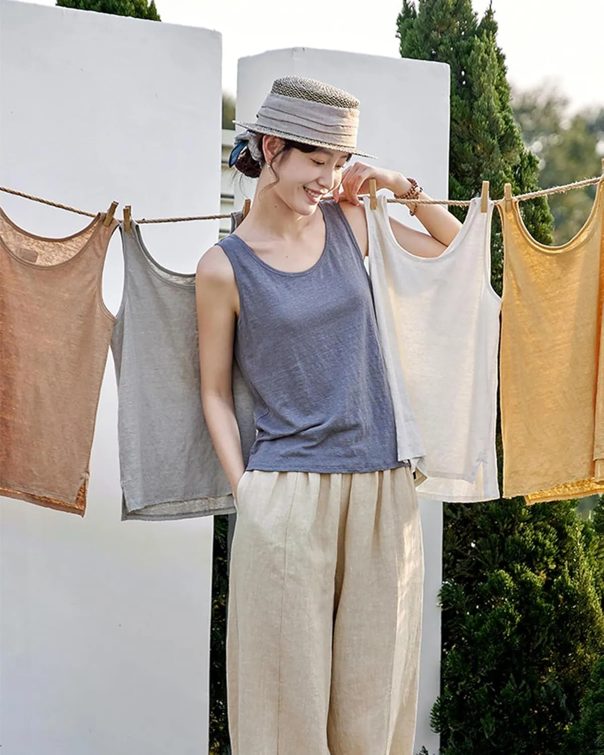 Women's Cotton Linen Camisole Tank Top Breathable T-Shirt Blouse Tank Summer Sleeveless Shirts
