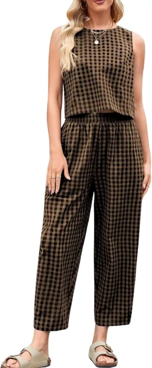Womens Cotton Linen Checker Set 2 Piece Beach Vocation Outfit Summer Tank Top Pants Suit