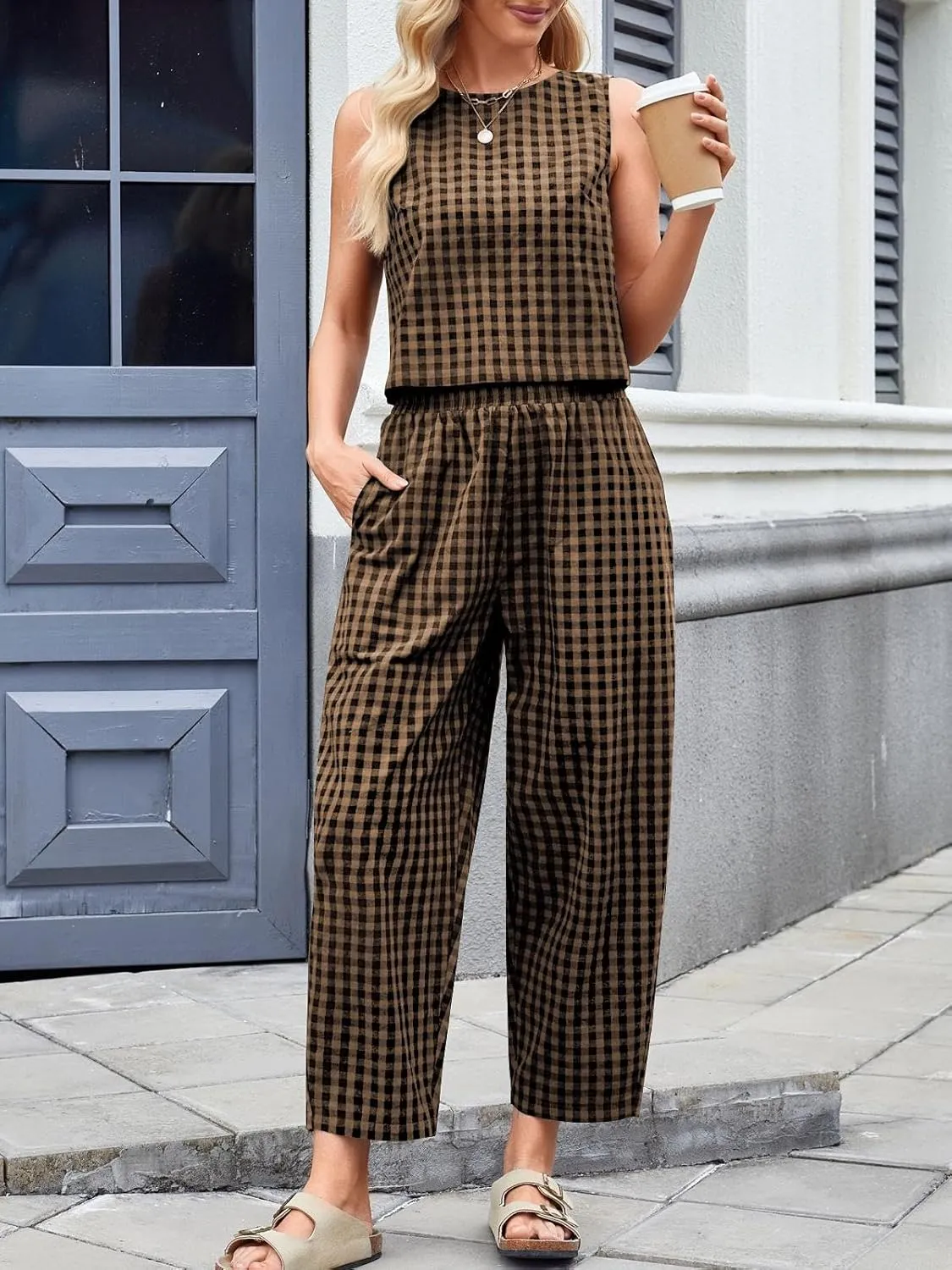 Womens Cotton Linen Checker Set 2 Piece Beach Vocation Outfit Summer Tank Top Pants Suit