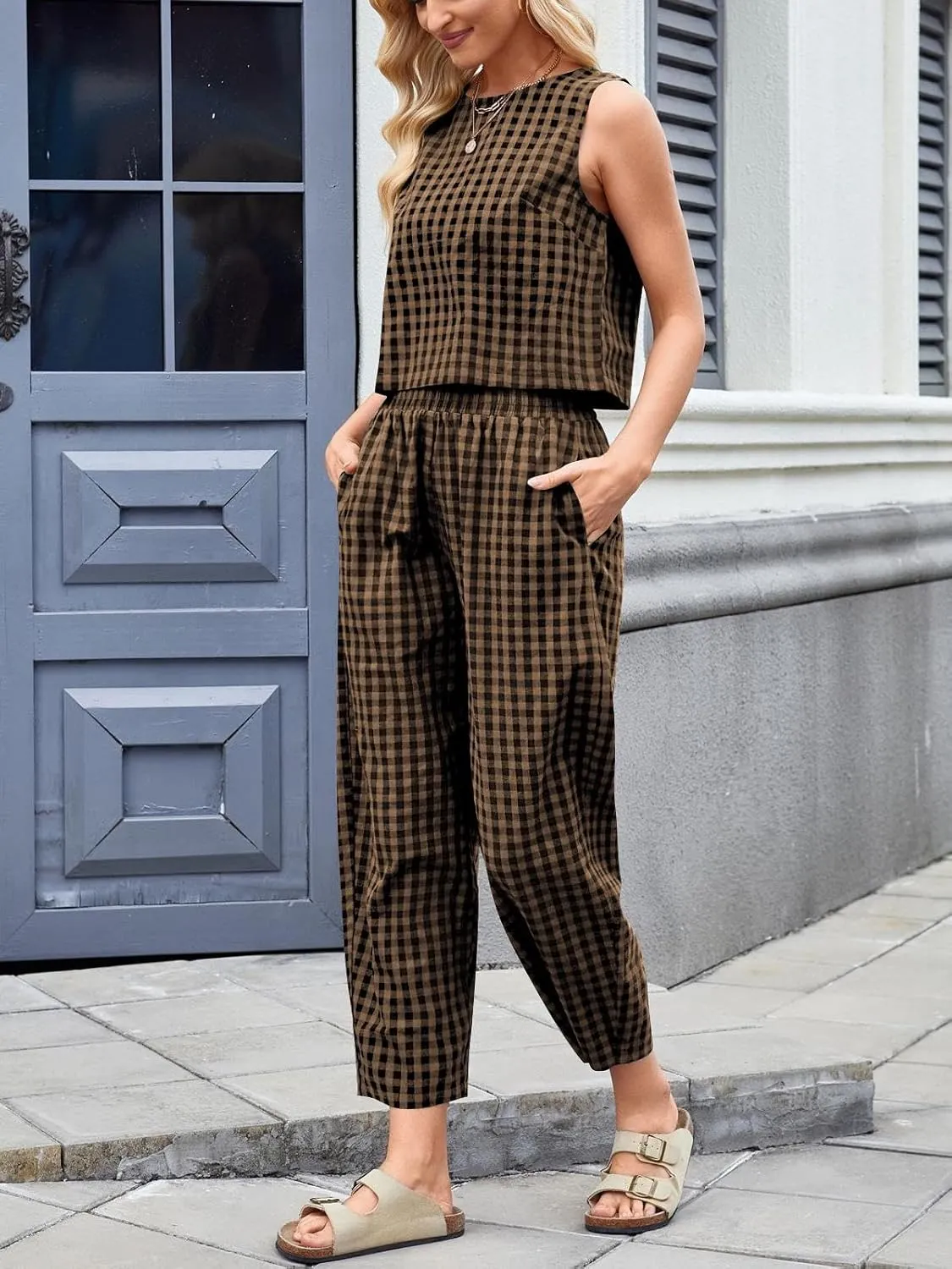 Womens Cotton Linen Checker Set 2 Piece Beach Vocation Outfit Summer Tank Top Pants Suit