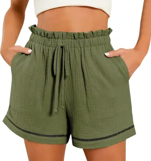 Womens Cotton Shorts Elastic High Waisted Loose Fit Casual Paper Bag Shorts with Pockets Comfy Beach Summer Short Pants 2024