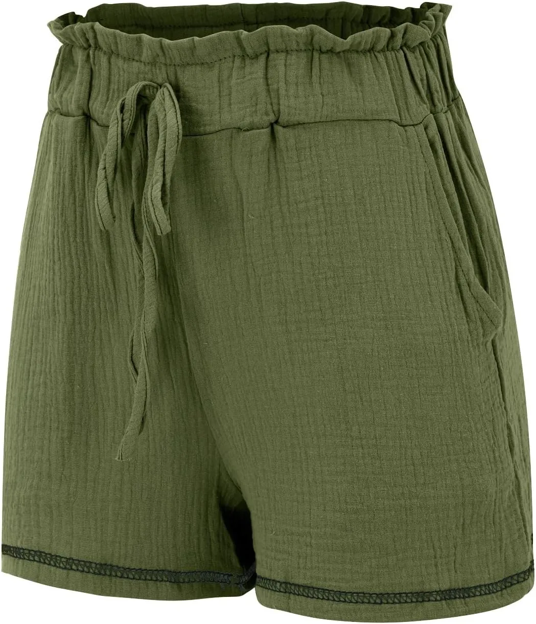 Womens Cotton Shorts Elastic High Waisted Loose Fit Casual Paper Bag Shorts with Pockets Comfy Beach Summer Short Pants 2024
