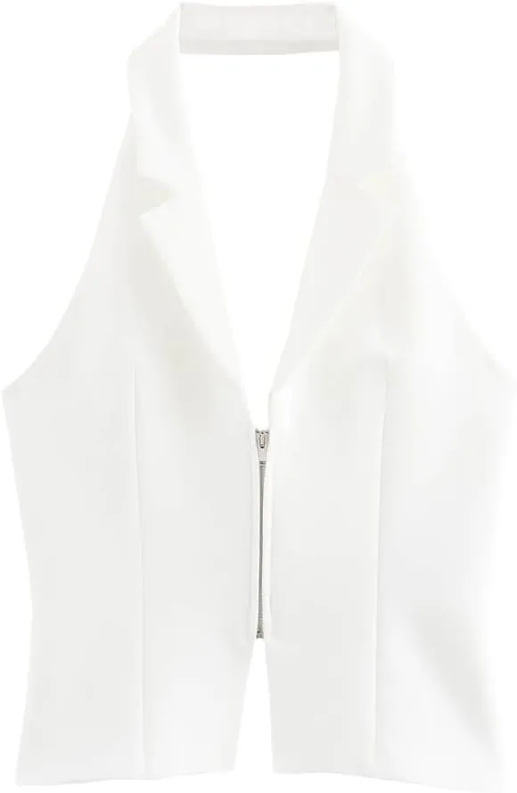 Women's Deep V-Neck Full Zipper Short Business Office Sleeveless Camisole