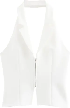 Women's Deep V-Neck Full Zipper Short Business Office Sleeveless Camisole
