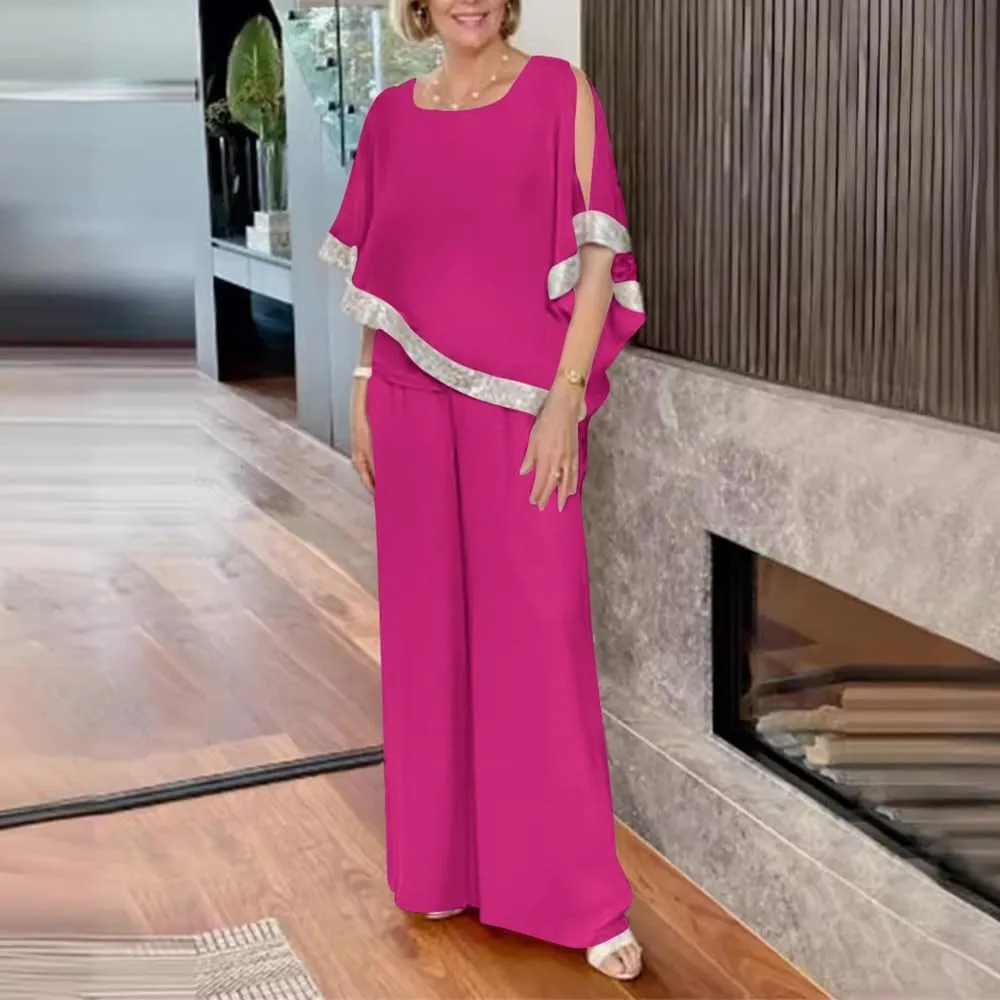 Womens Elegant 2 Piece Set Chiffon Pantsuits Sequin Crewneck Mother of The Bride Pant Suits for Women