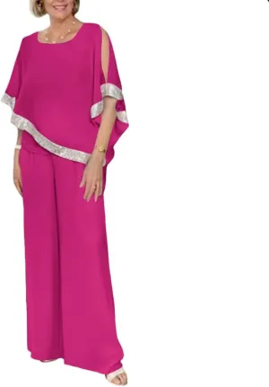 Womens Elegant 2 Piece Set Chiffon Pantsuits Sequin Crewneck Mother of The Bride Pant Suits for Women