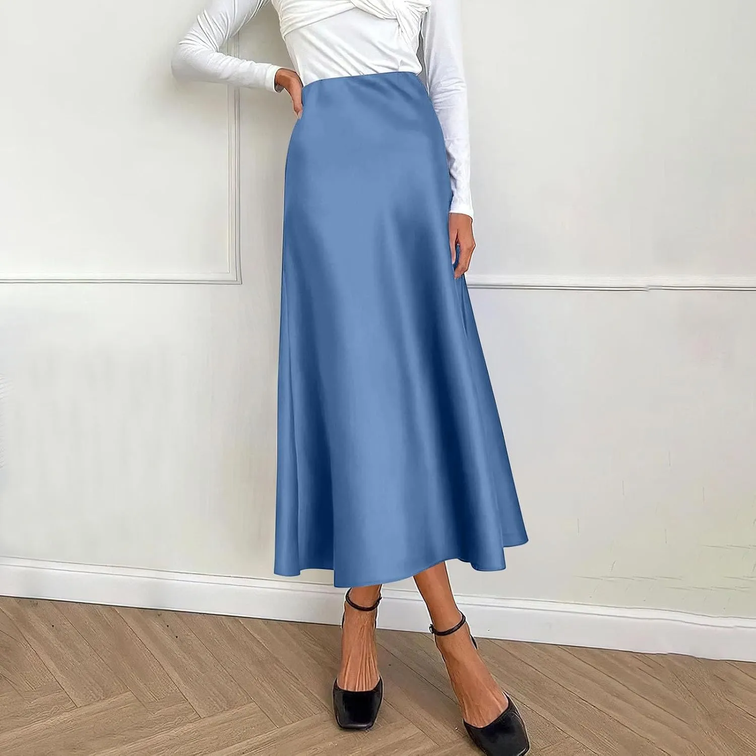 Womens Elegant Midi Skirt High Waisted Solid Satin Dress Work Skirts Party Wedding Flared A-Line Skirts
