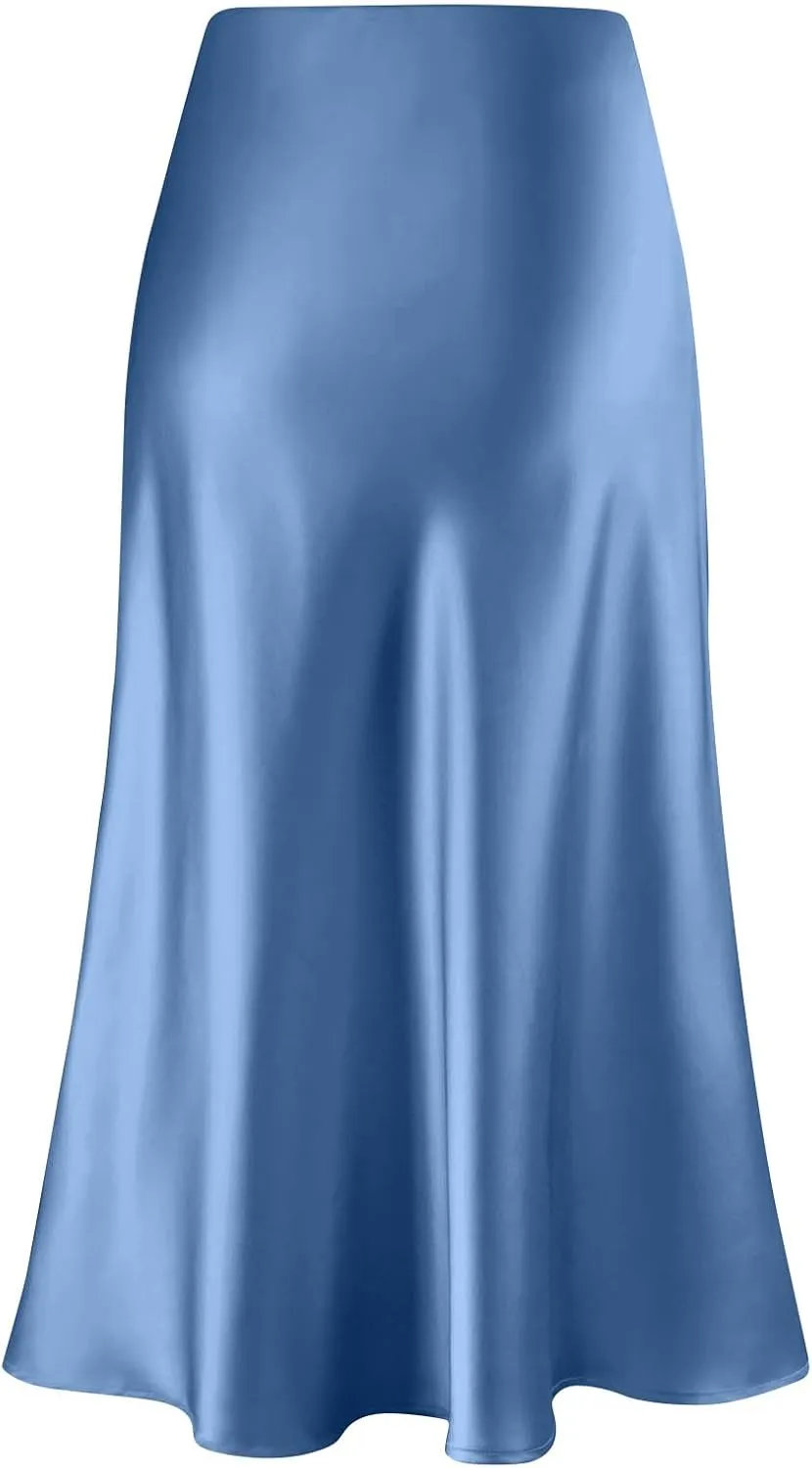 Womens Elegant Midi Skirt High Waisted Solid Satin Dress Work Skirts Party Wedding Flared A-Line Skirts