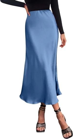 Womens Elegant Midi Skirt High Waisted Solid Satin Dress Work Skirts Party Wedding Flared A-Line Skirts