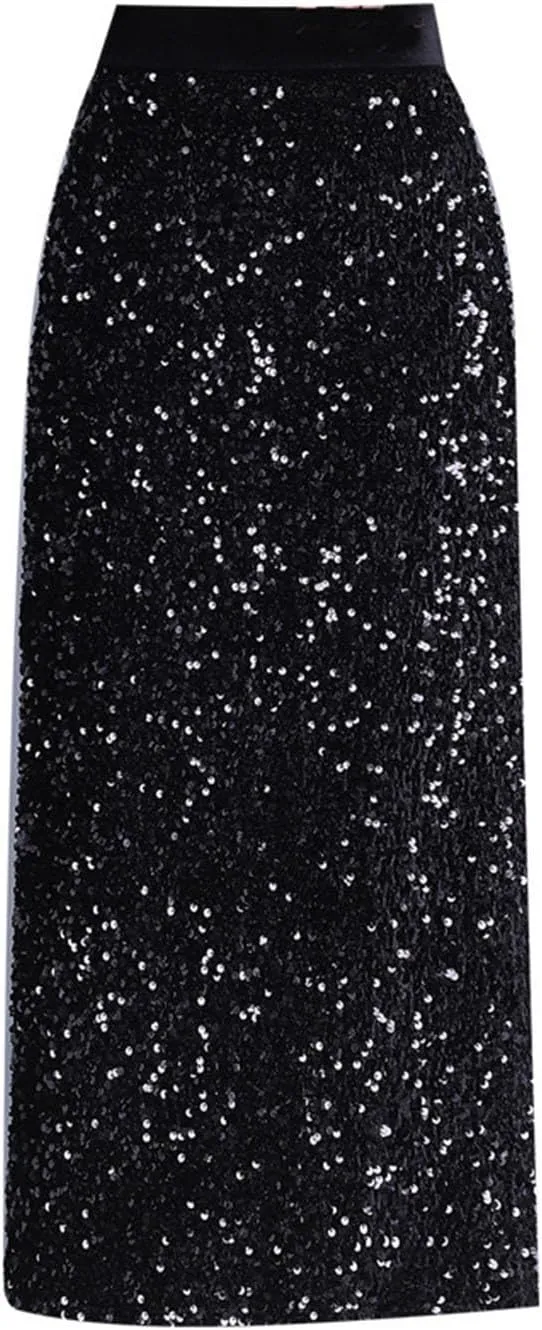 Womens Elegant Skirts for Women Loose Fit Sequin Sparkle High Cut Pencil Glitter Plain Maxi Long Skirts 2025 Trendy