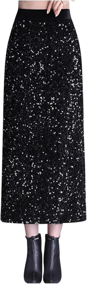 Womens Elegant Skirts for Women Loose Fit Sequin Sparkle High Cut Pencil Glitter Plain Maxi Long Skirts 2025 Trendy