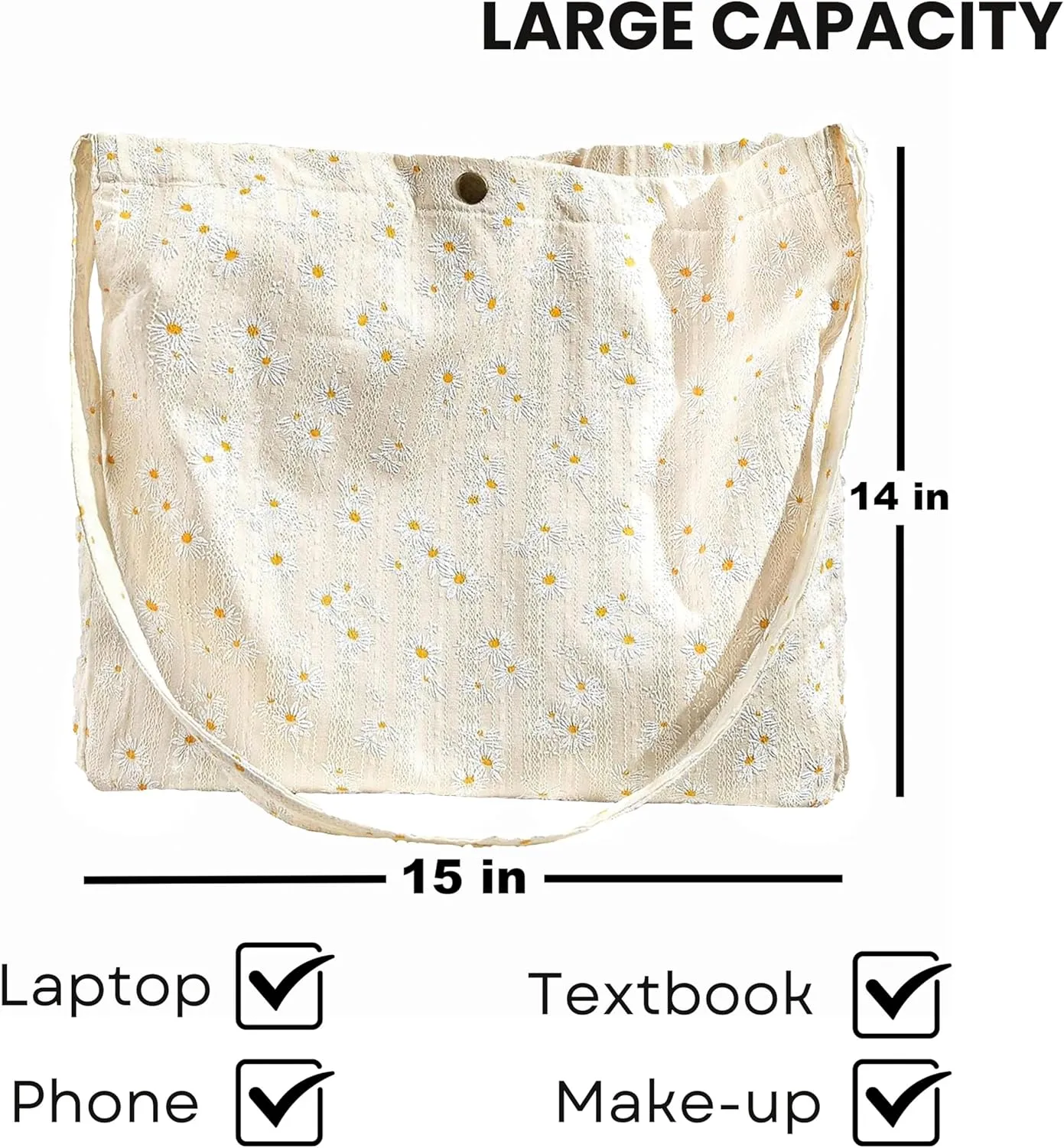 Womens Floral Embroidered Tote Bag with Pocket flowers embroidery crossbody shoulder bag beach cute handbag canvas