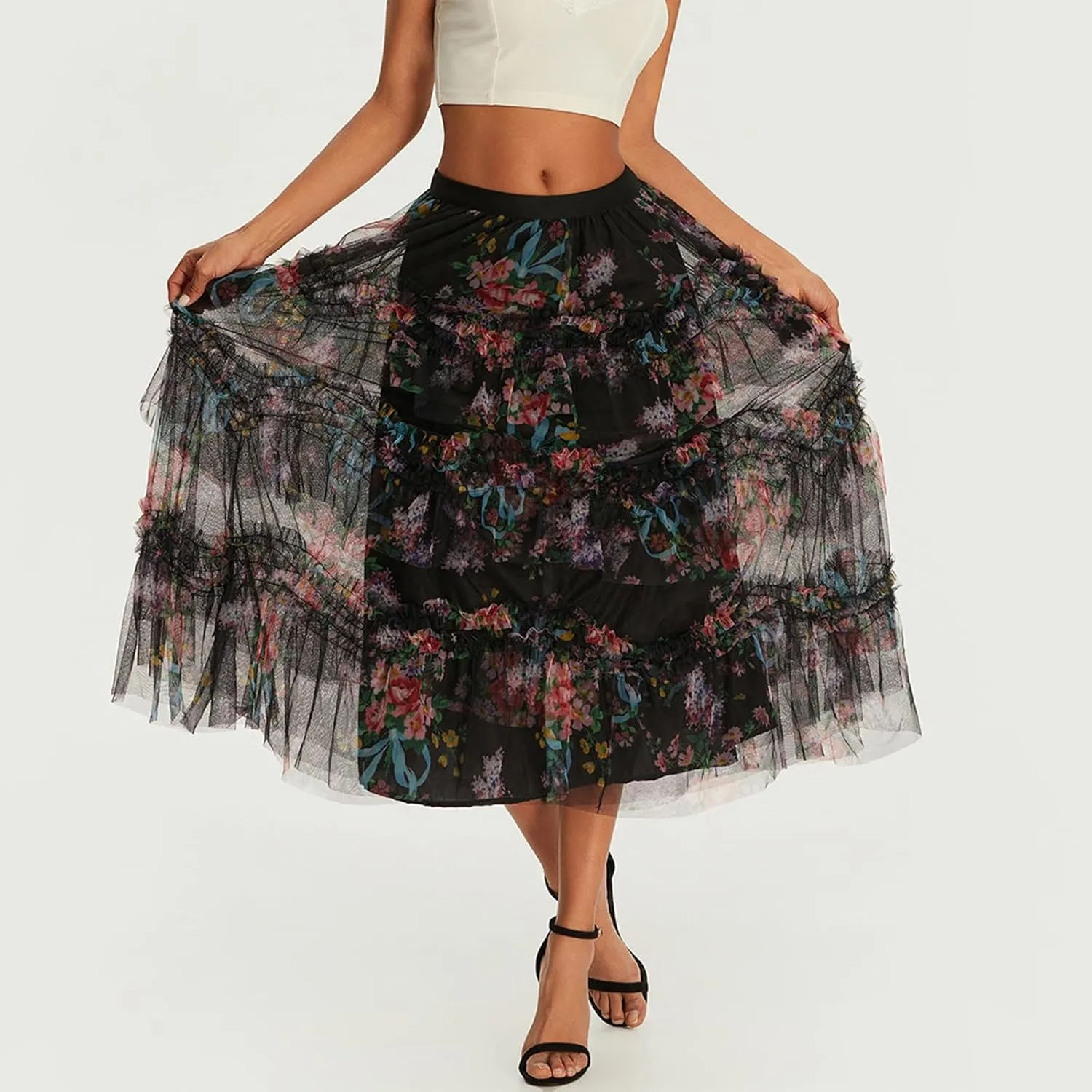 Women's Floral Midi Skirts Irregular Flowy A-line Pleated Skirt Mesh Tiered High Waisted Fairy Skirt Casual Skirt