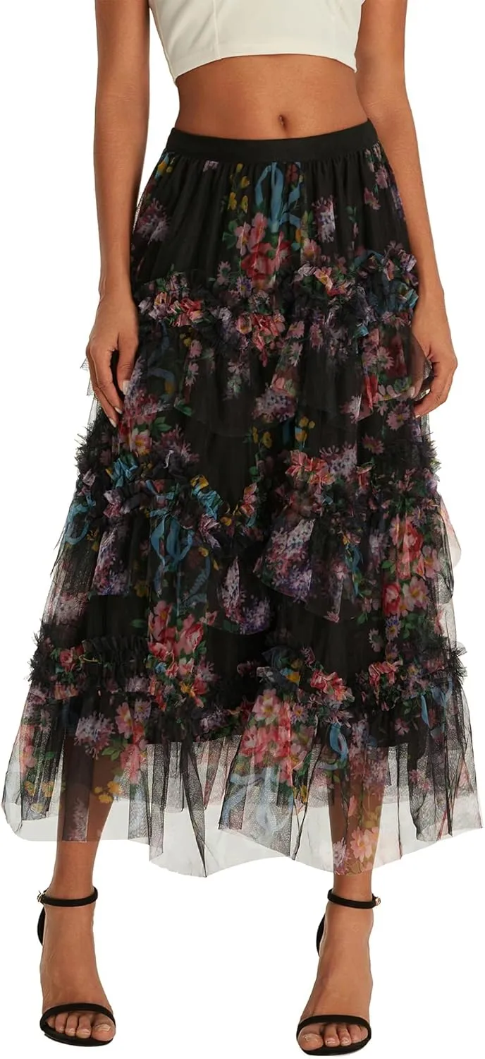 Women's Floral Midi Skirts Irregular Flowy A-line Pleated Skirt Mesh Tiered High Waisted Fairy Skirt Casual Skirt