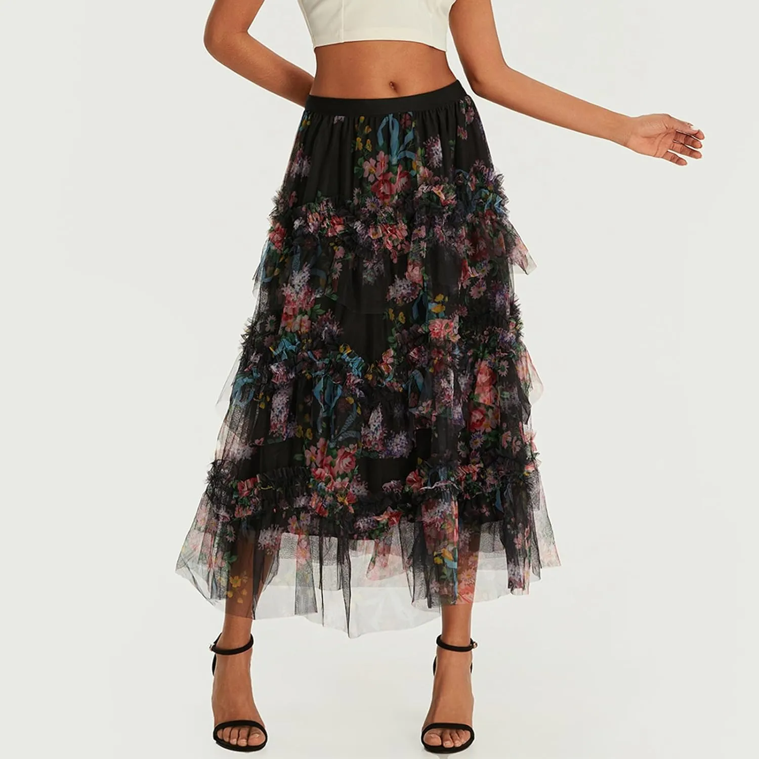 Women's Floral Midi Skirts Irregular Flowy A-line Pleated Skirt Mesh Tiered High Waisted Fairy Skirt Casual Skirt