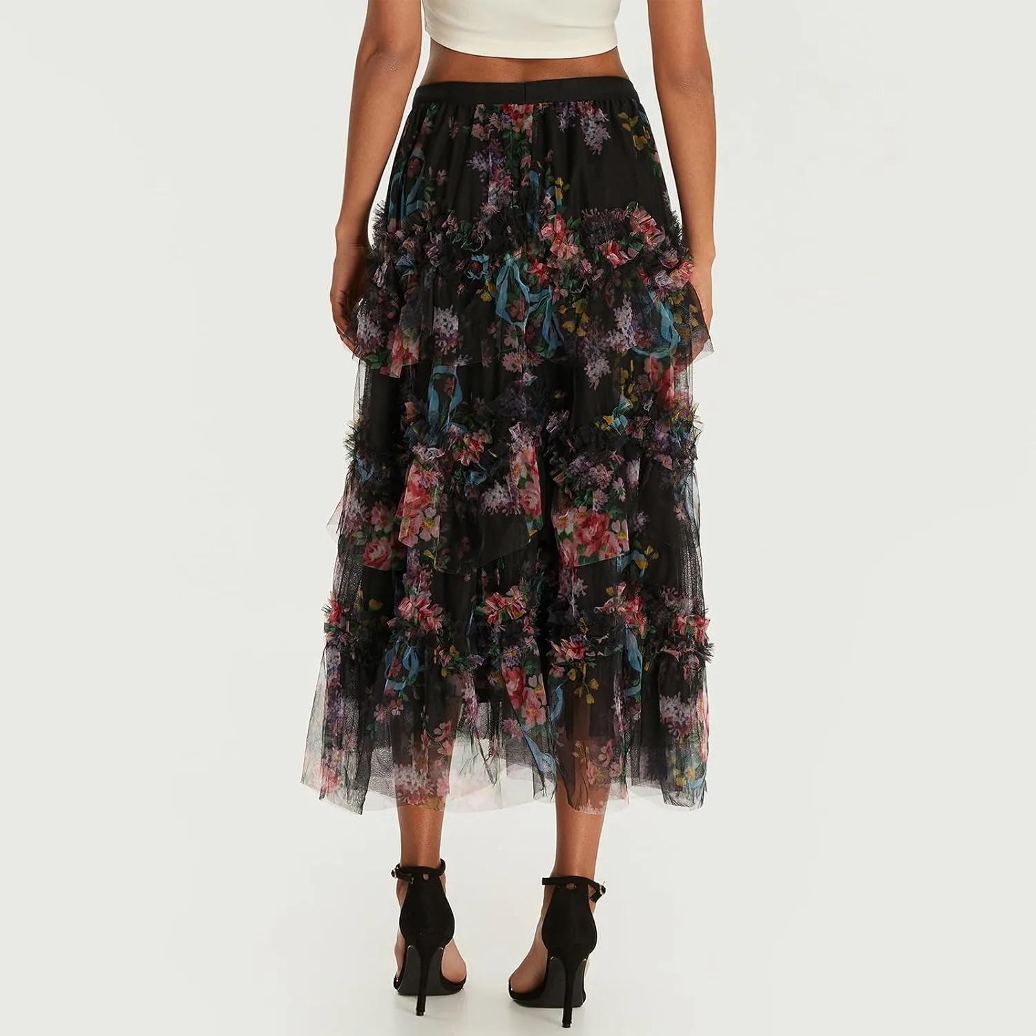 Women's Floral Midi Skirts Irregular Flowy A-line Pleated Skirt Mesh Tiered High Waisted Fairy Skirt Casual Skirt