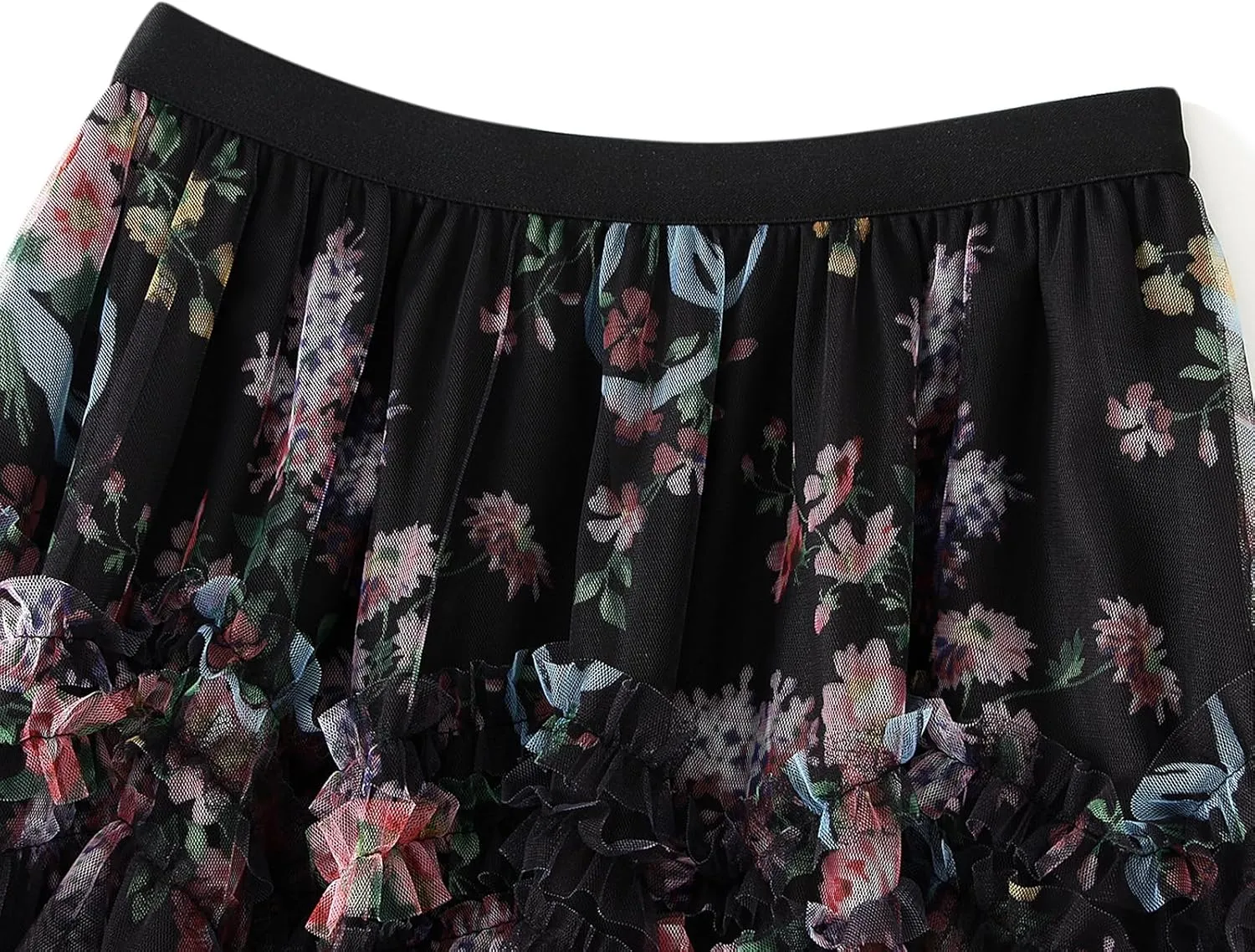 Women's Floral Midi Skirts Irregular Flowy A-line Pleated Skirt Mesh Tiered High Waisted Fairy Skirt Casual Skirt