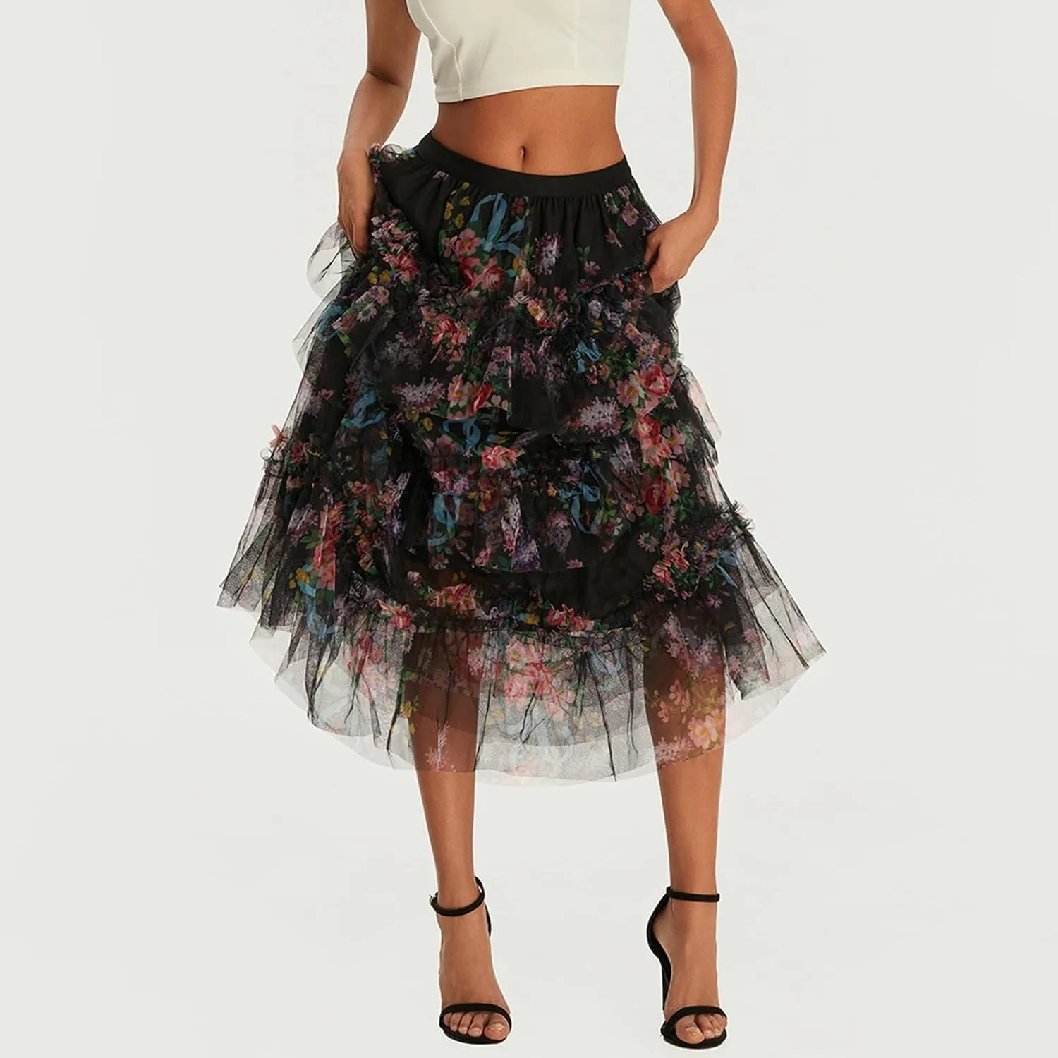 Women's Floral Midi Skirts Irregular Flowy A-line Pleated Skirt Mesh Tiered High Waisted Fairy Skirt Casual Skirt