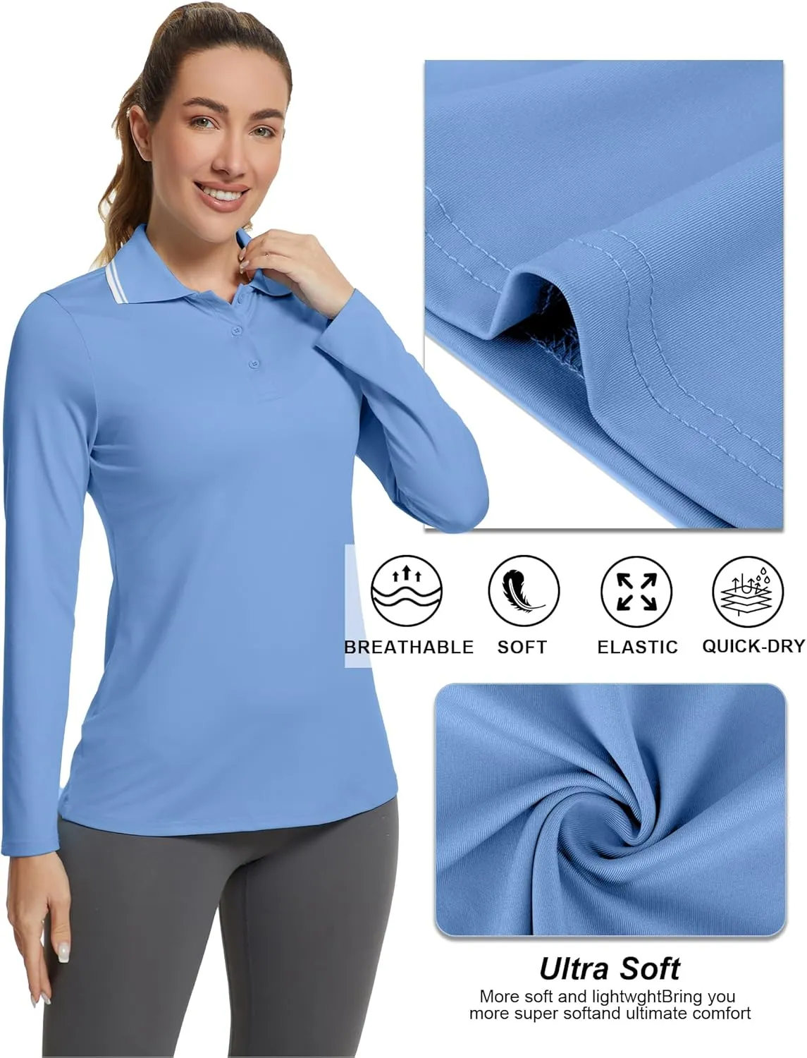 Women's Golf Polo Shirts Long Sleeve Workout Tops UPF 50  Sun Protection Quick Dry Lightweight Active Tennis Shirts