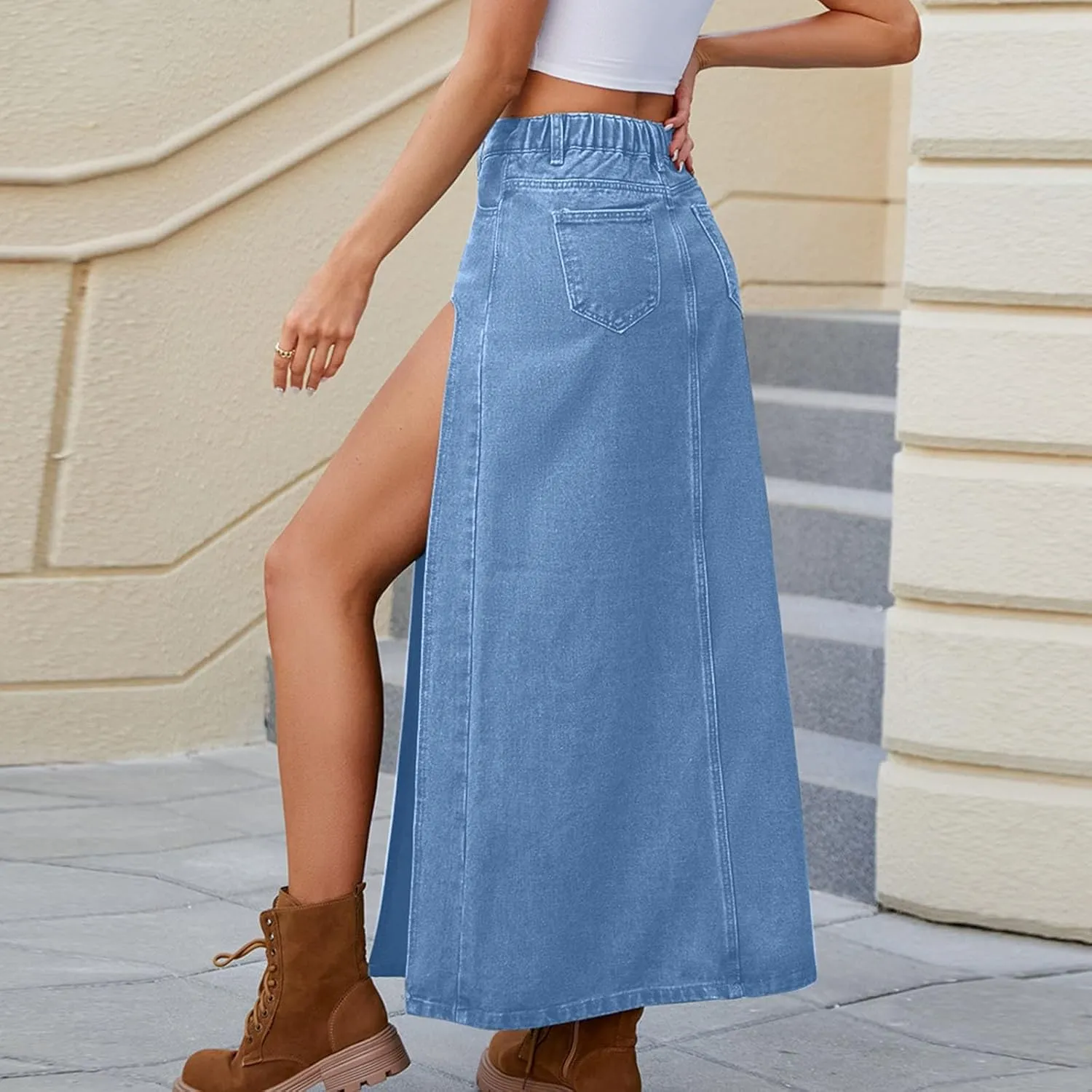 Women's High Waist Denim Skirt Sexy Split Thigh Jean Skirt Slim Fit Maxi Long Pencil Skirt Casual Bodycon Wrap Skirt