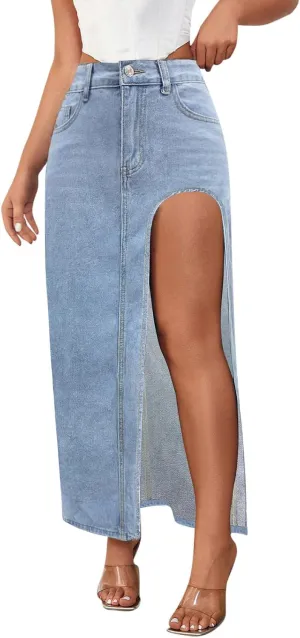 Women's High Waist Maxi Denim Skirt Sexy Side Split Bodycon Pencil Skirts Casual Long Jean Skirt with Pockets