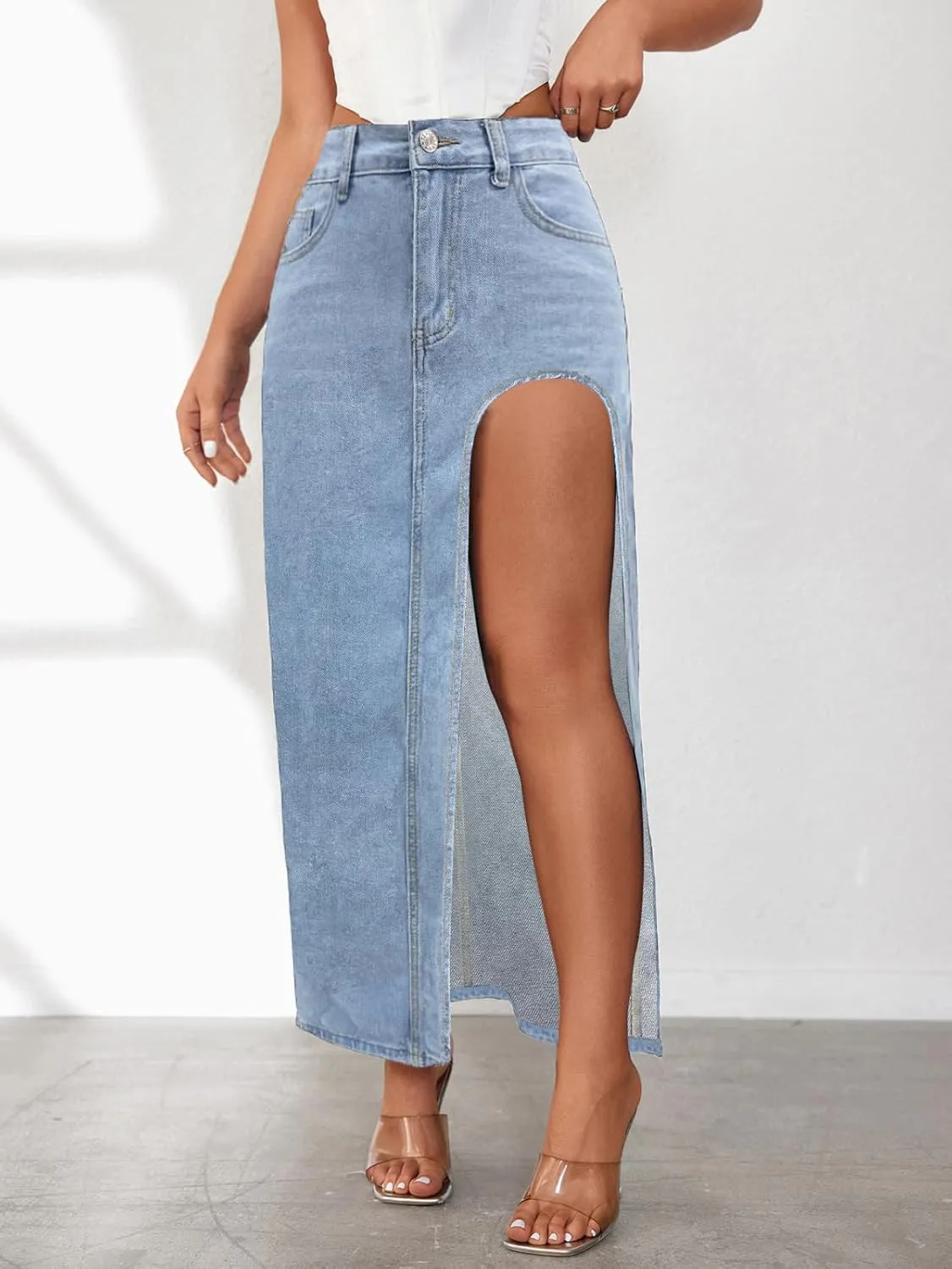 Women's High Waist Maxi Denim Skirt Sexy Side Split Bodycon Pencil Skirts Casual Long Jean Skirt with Pockets