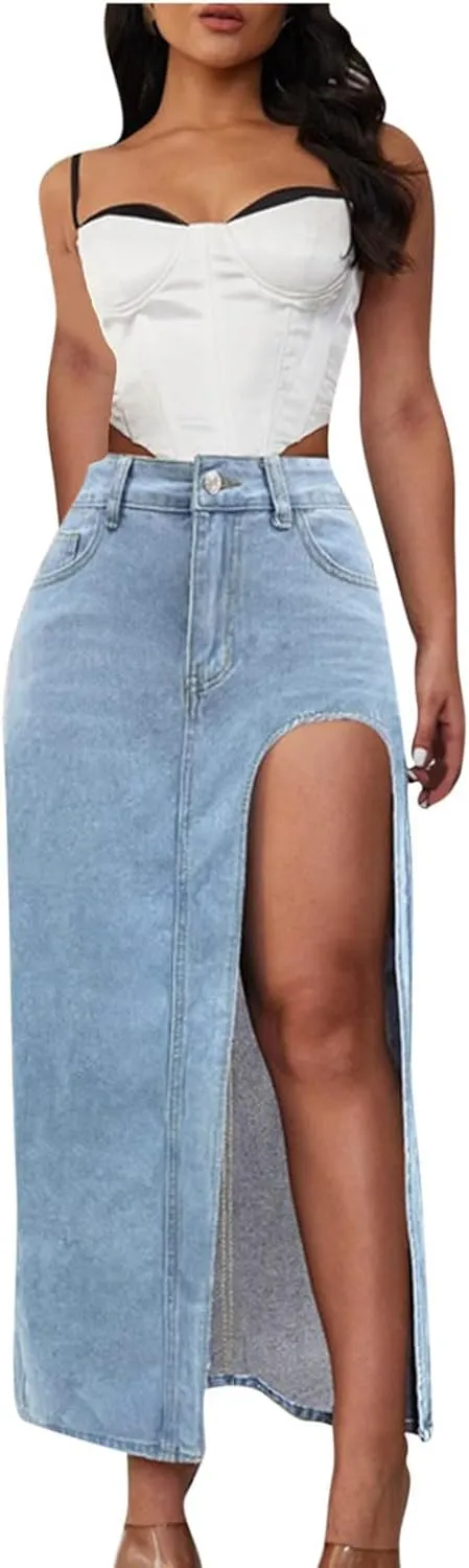 Women's High Waist Maxi Denim Skirt Sexy Side Split Bodycon Pencil Skirts Casual Long Jean Skirt with Pockets
