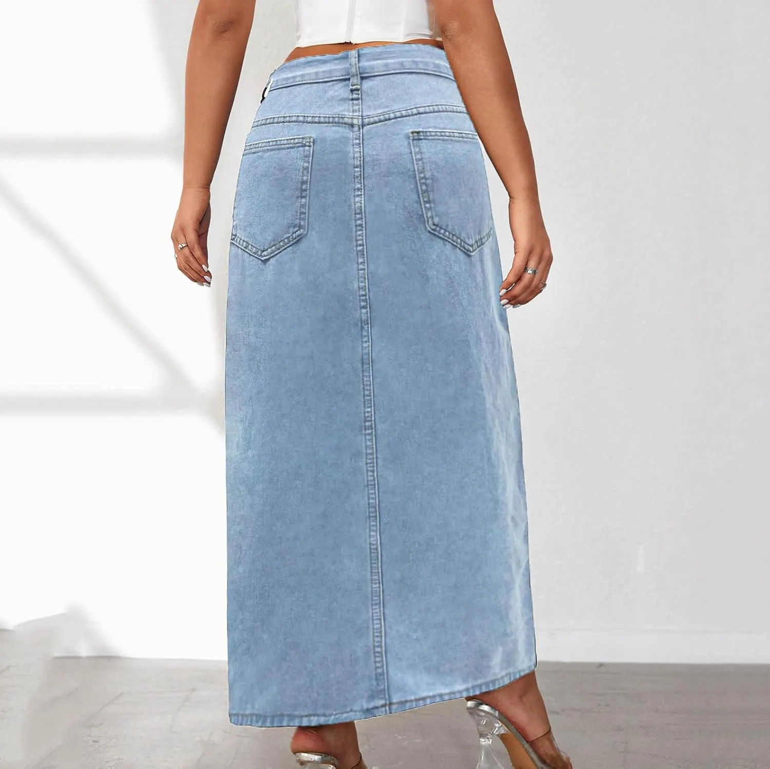 Women's High Waist Maxi Denim Skirt Sexy Side Split Bodycon Pencil Skirts Casual Long Jean Skirt with Pockets