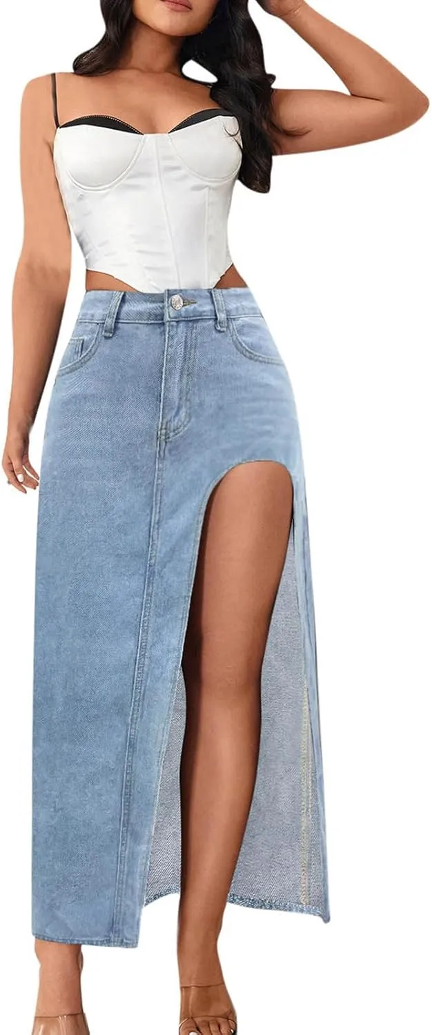Women's High Waist Maxi Denim Skirt Sexy Side Split Bodycon Pencil Skirts Casual Long Jean Skirt with Pockets