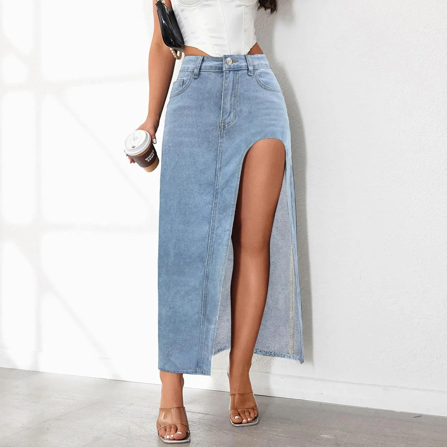 Women's High Waist Maxi Denim Skirt Sexy Side Split Bodycon Pencil Skirts Casual Long Jean Skirt with Pockets