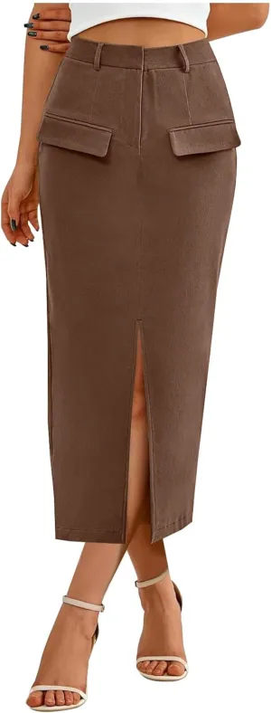 Women's High Waisted Front Split Maxi Skirt Elegant Business Work Skirts Evening Party A-Line Skirts with Pockets