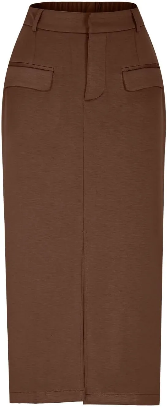 Women's High Waisted Front Split Maxi Skirt Elegant Business Work Skirts Evening Party A-Line Skirts with Pockets