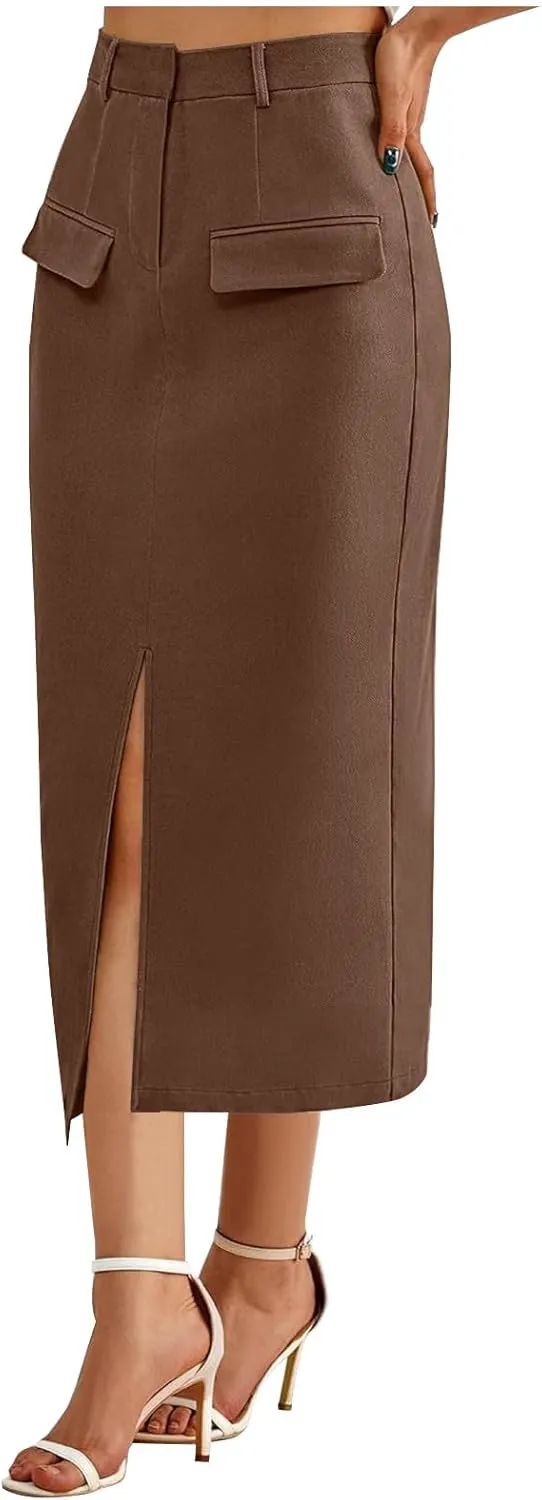 Women's High Waisted Front Split Maxi Skirt Elegant Business Work Skirts Evening Party A-Line Skirts with Pockets