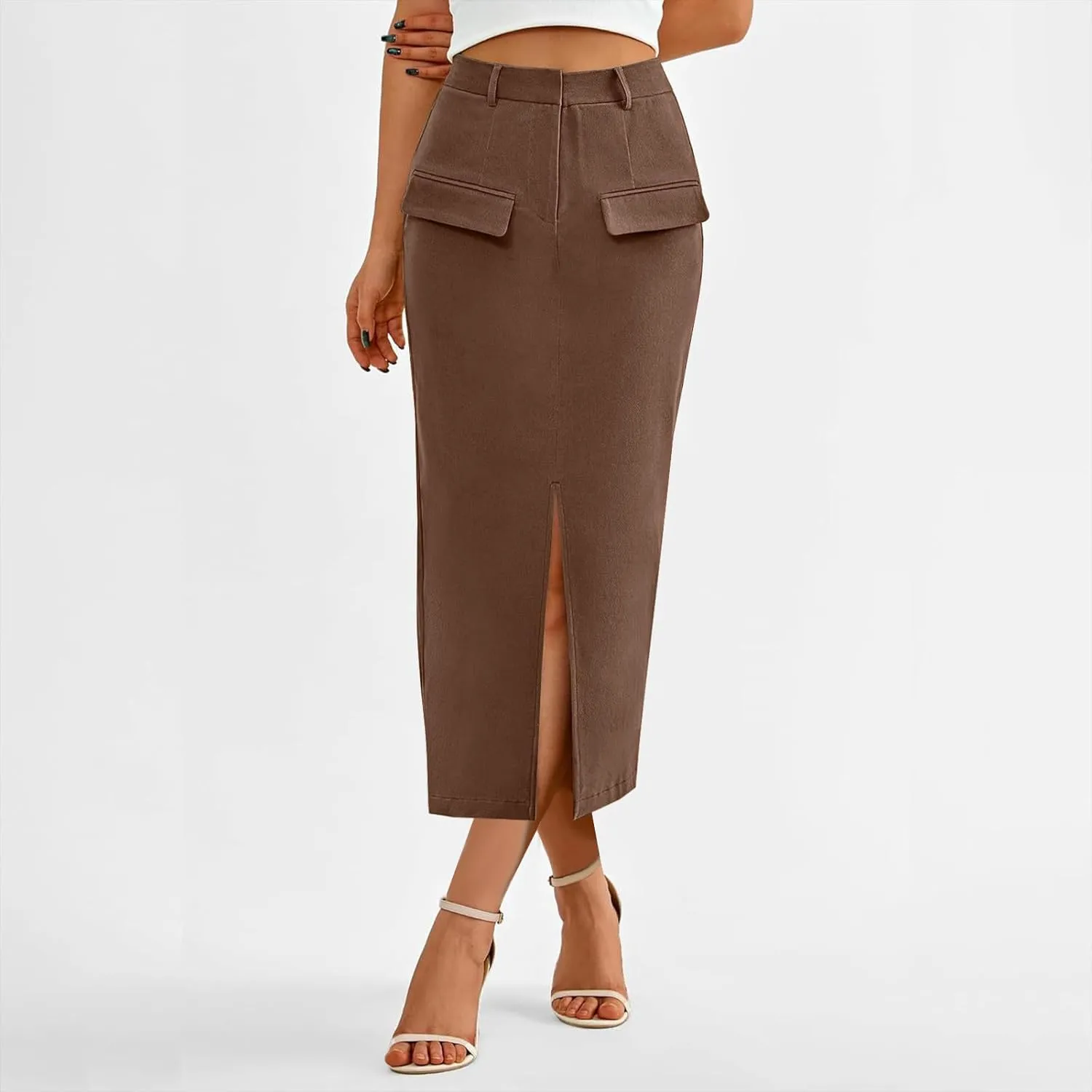 Women's High Waisted Front Split Maxi Skirt Elegant Business Work Skirts Evening Party A-Line Skirts with Pockets