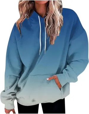 Women's Hoodies Oversized Gradient Long Sleeve Casual Sweatshirts Plus Size Drawstring Large Pocket Pullover Tops