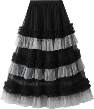 Women's Layered Long Tulle Skirt Color Block Ankle-Length A-Line High Waisted Mesh Maxi Skirt for Evening Party Club