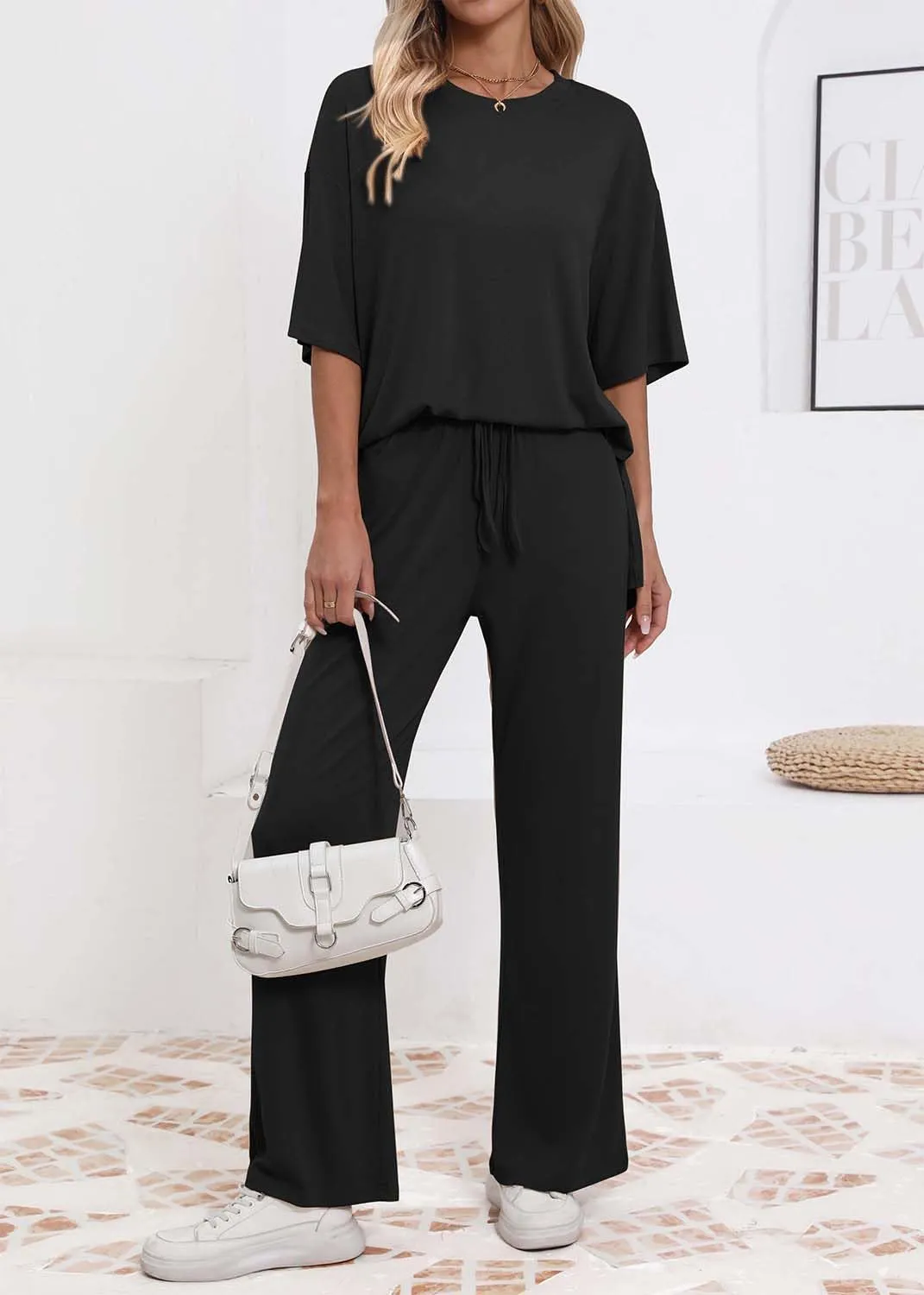 Womens Lounge Set 2 Piece Outfits Casual Loose Fit Short Sleeve Tops and Wide Leg Pants Tracksuits