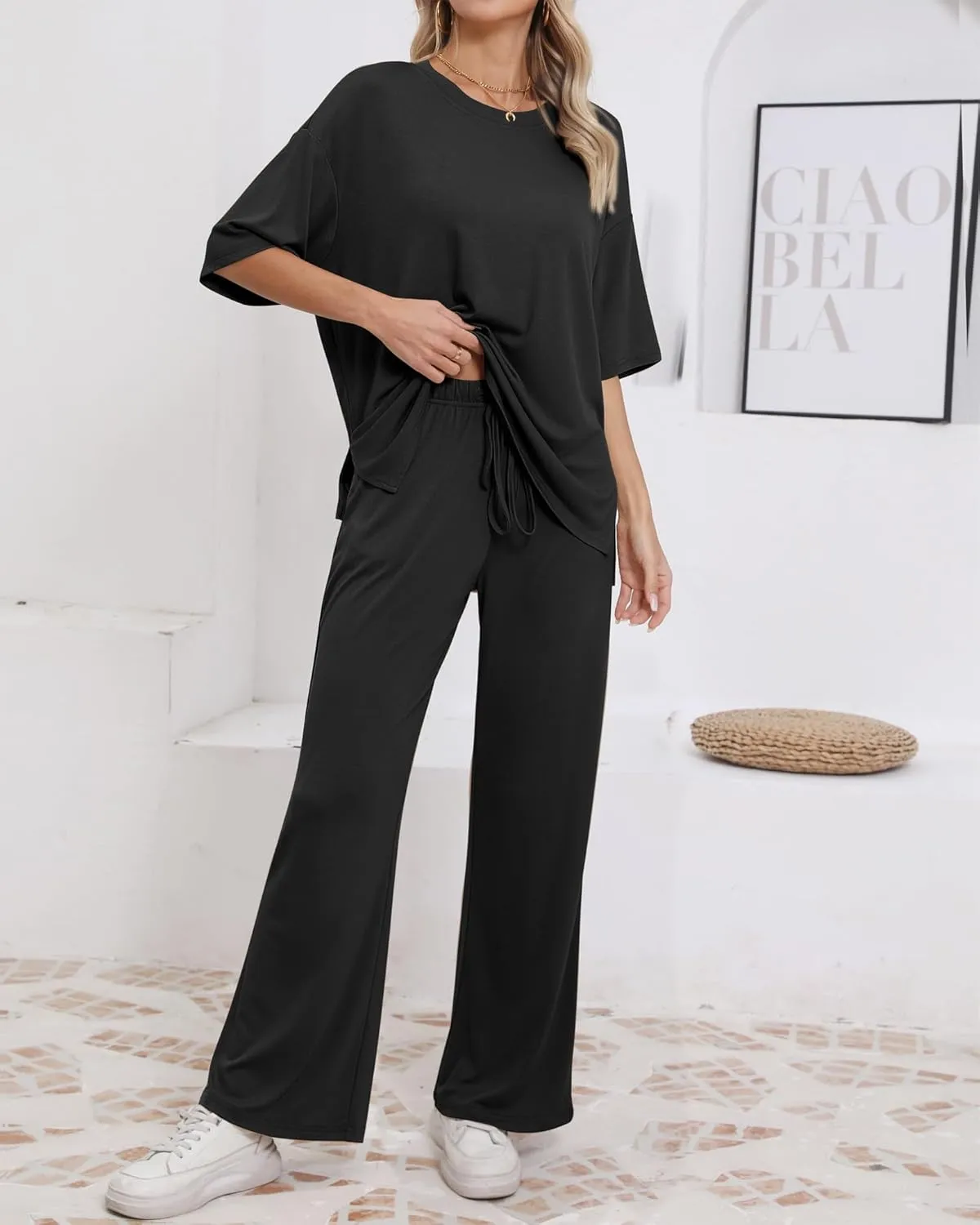 Womens Lounge Set 2 Piece Outfits Casual Loose Fit Short Sleeve Tops and Wide Leg Pants Tracksuits