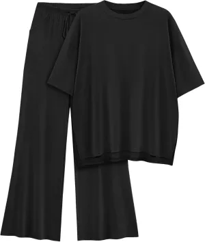 Womens Lounge Set 2 Piece Outfits Casual Loose Fit Short Sleeve Tops and Wide Leg Pants Tracksuits