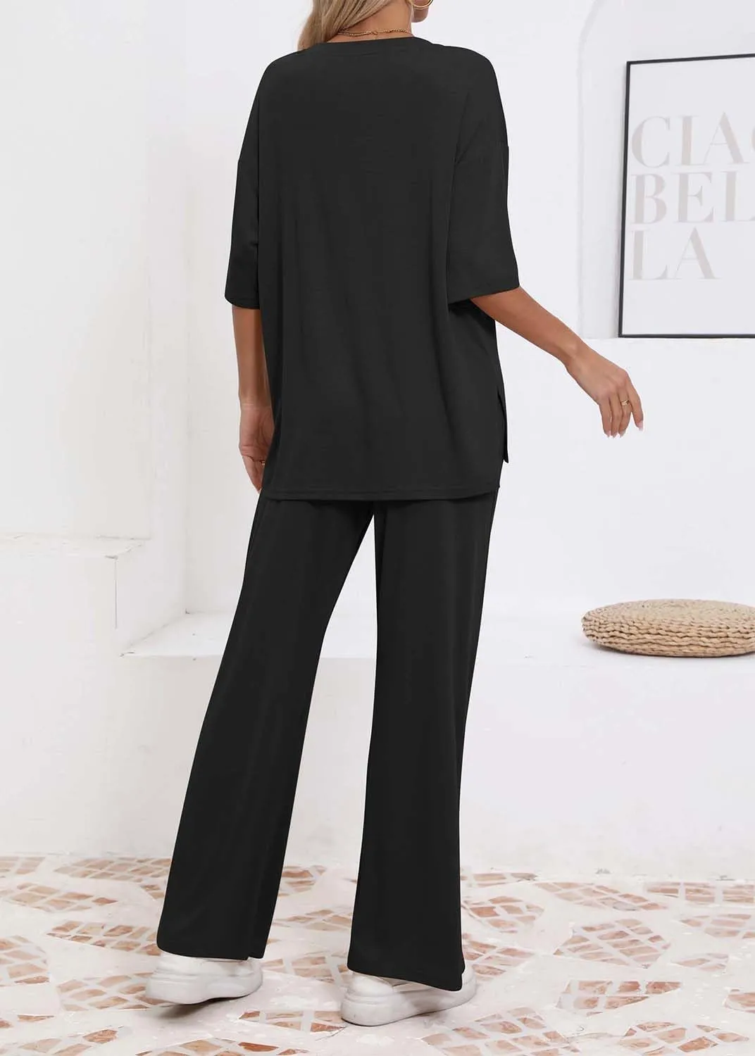 Womens Lounge Set 2 Piece Outfits Casual Loose Fit Short Sleeve Tops and Wide Leg Pants Tracksuits