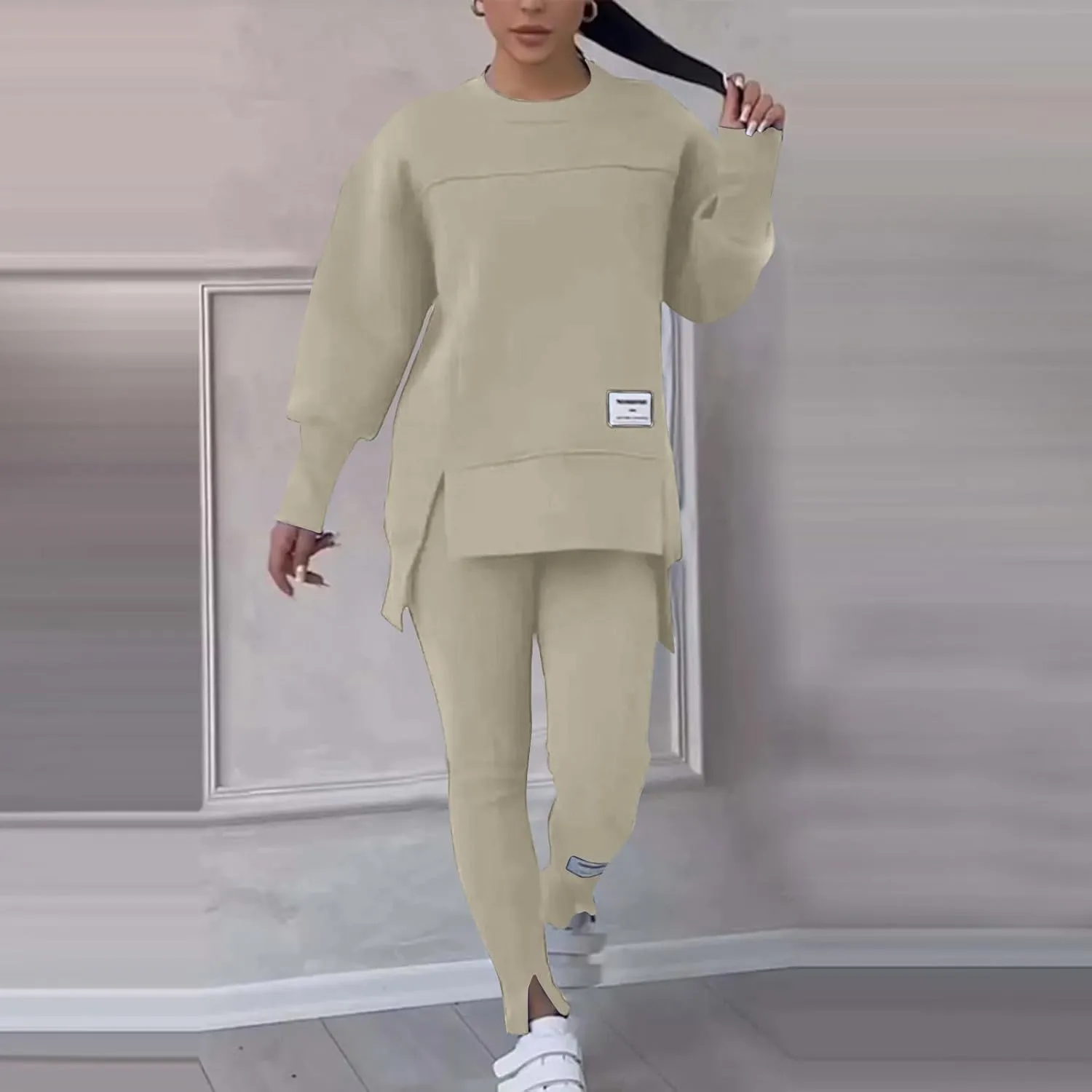 Womens Pant Sets 2 Piece Outfits Track Suit Sweatsuit Long Sleeve High-Low Slit Hem Top Sweatshirt Leggings Jogger Set