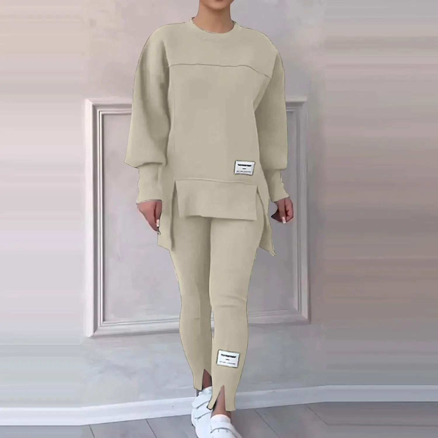 Womens Pant Sets 2 Piece Outfits Track Suit Sweatsuit Long Sleeve High-Low Slit Hem Top Sweatshirt Leggings Jogger Set