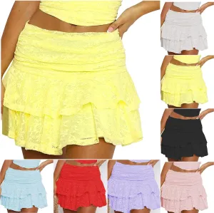 Women's Pleated Mini Skirt Sexy Lace High Waisted Ruffles Lingerie Short Skirts 2025 Elegant Pleated Layered Skirts