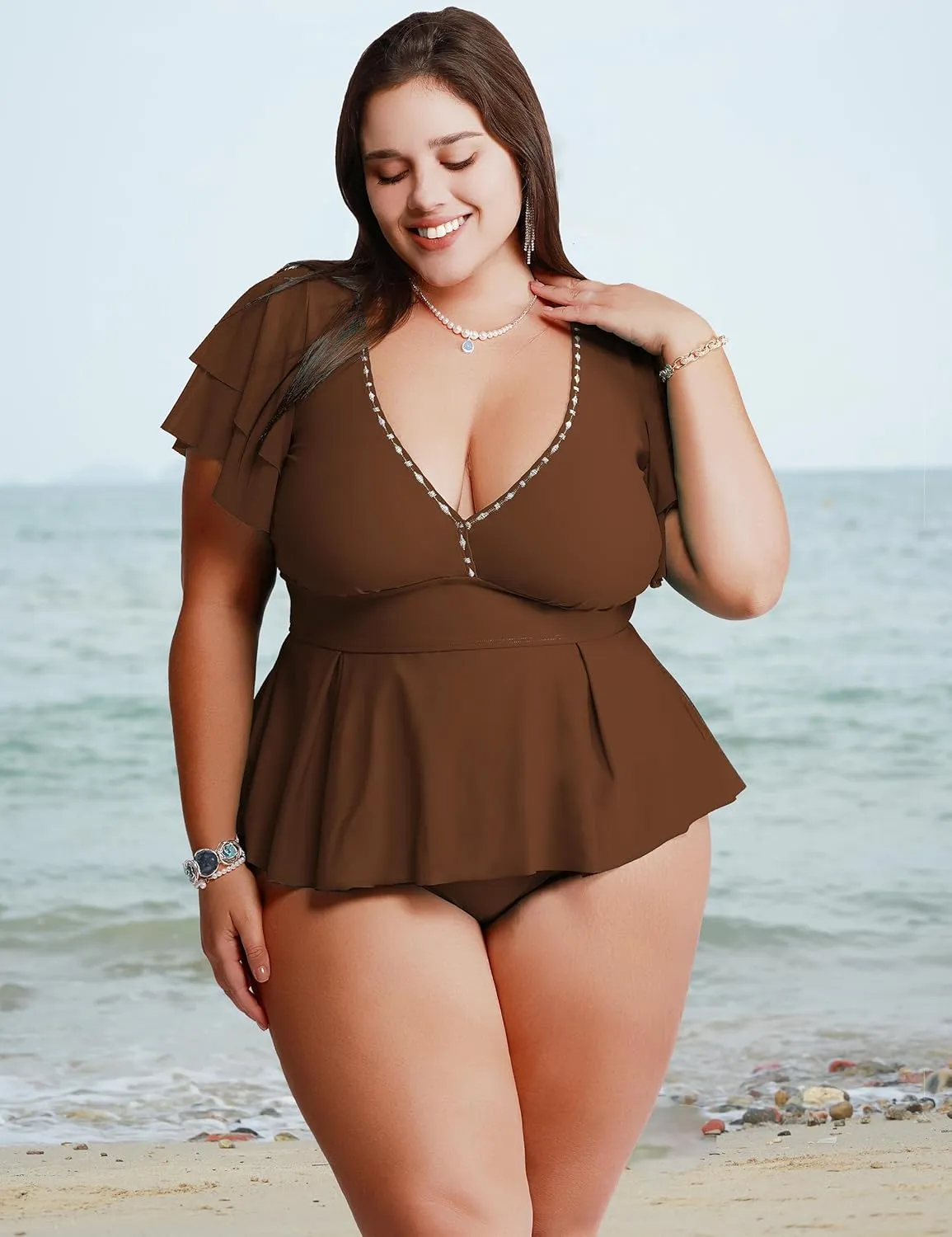 Womens Plus Size Tankini Tops Built in Padded Push Up Bathing Suit V Neck Ruffle Sleeves Bikini Top Only