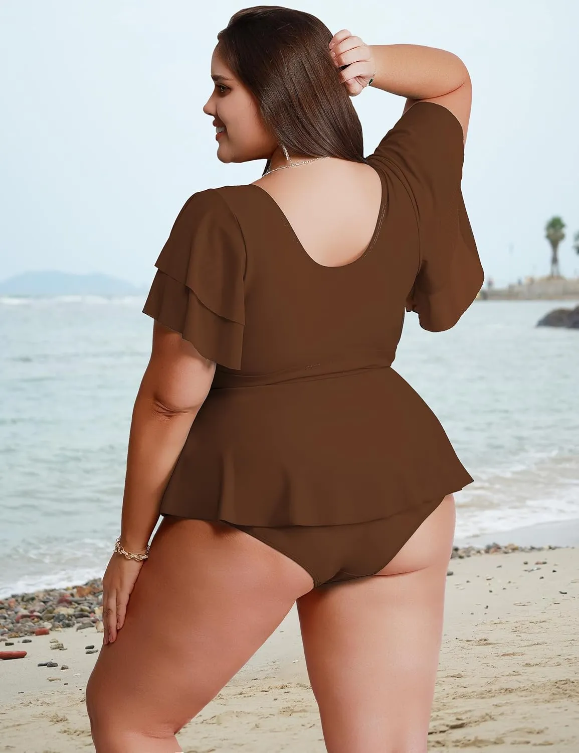 Womens Plus Size Tankini Tops Built in Padded Push Up Bathing Suit V Neck Ruffle Sleeves Bikini Top Only