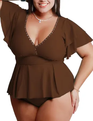 Womens Plus Size Tankini Tops Built in Padded Push Up Bathing Suit V Neck Ruffle Sleeves Bikini Top Only