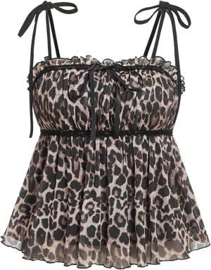 Women's Plus Size Y2K Leopard Print Cami Top Tie Shoulder Ruffle Hem Peplum Camisole