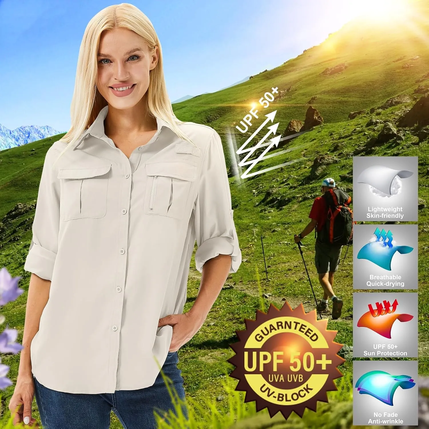 Women's Safari Shirts Long Sleeve Hiking Fishing UV Sun Protection UPF 50 ,Quick Dry SPF Breathable Shirts